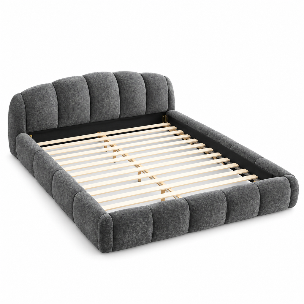 Queen Chenille Upholstered Platform Bed Frame, Curved Headboard, Dark Gray