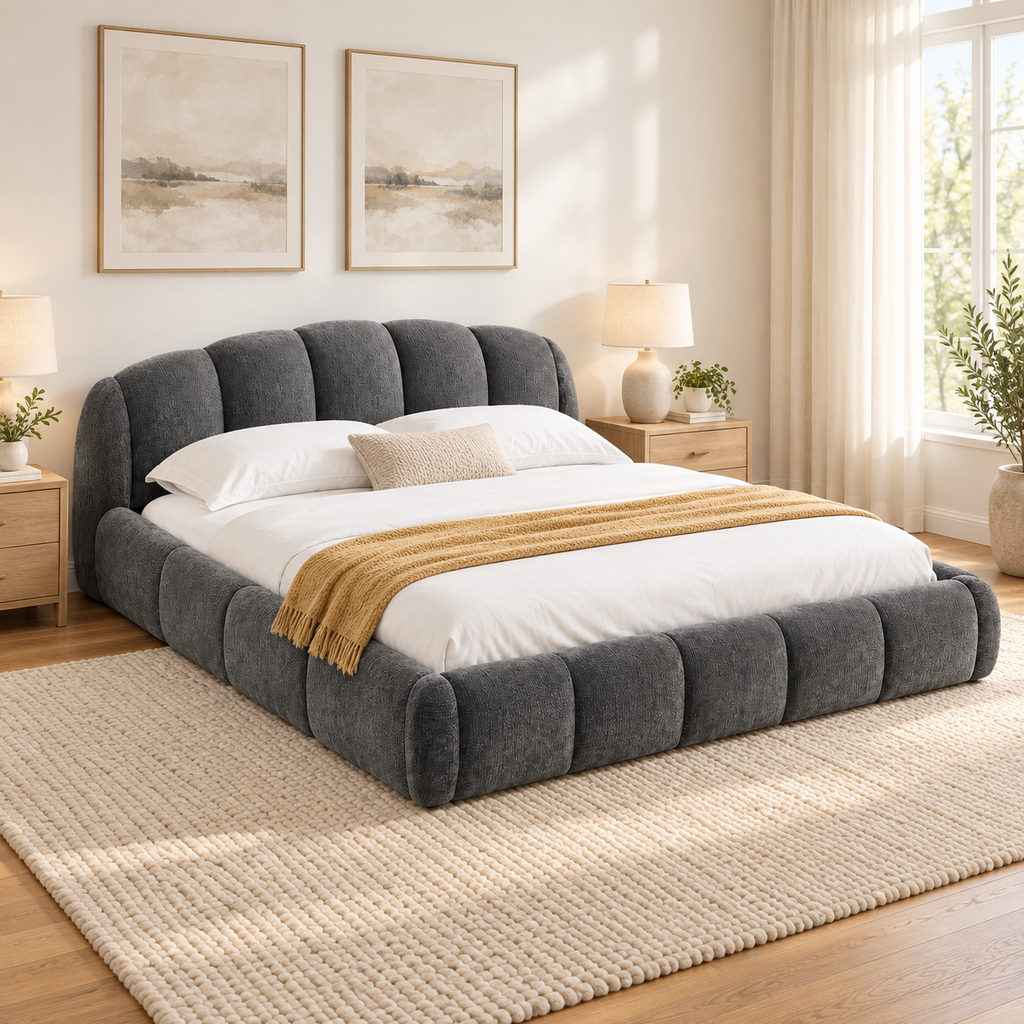 Queen Chenille Upholstered Platform Bed Frame, Curved Headboard, Dark Gray