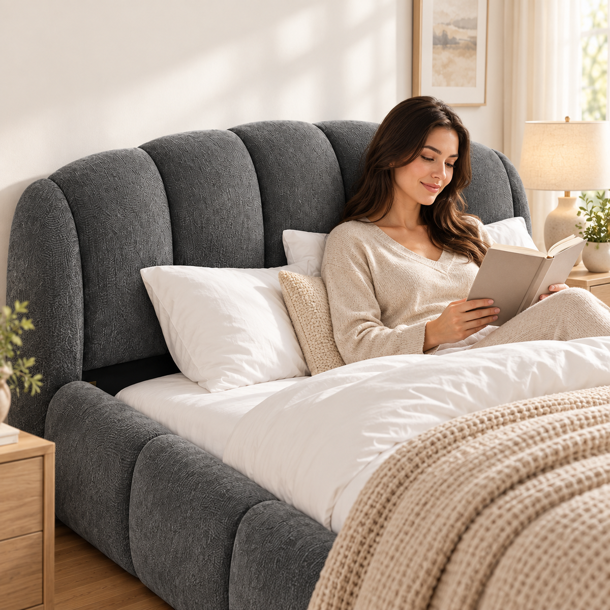Queen Chenille Upholstered Platform Bed Frame, Curved Headboard, Dark Gray