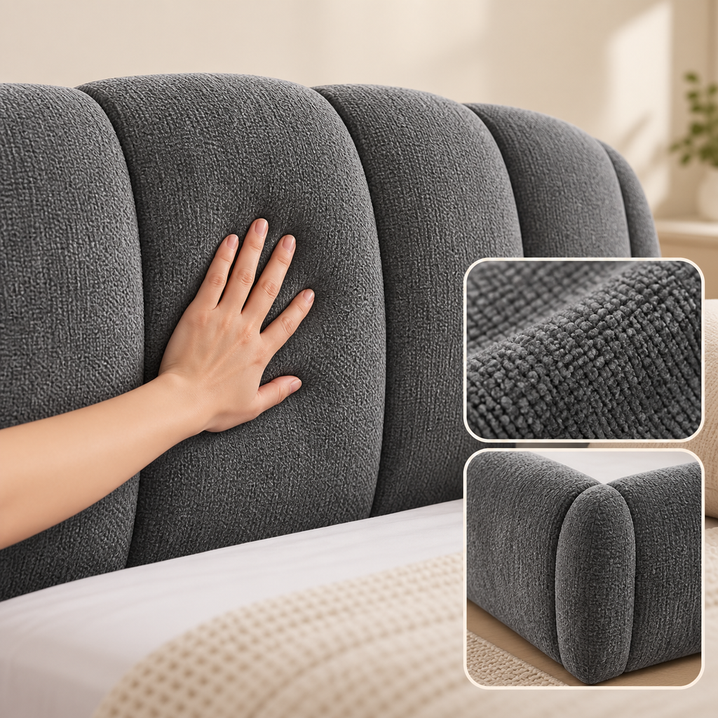 Queen Chenille Upholstered Platform Bed Frame, Curved Headboard, Dark Gray