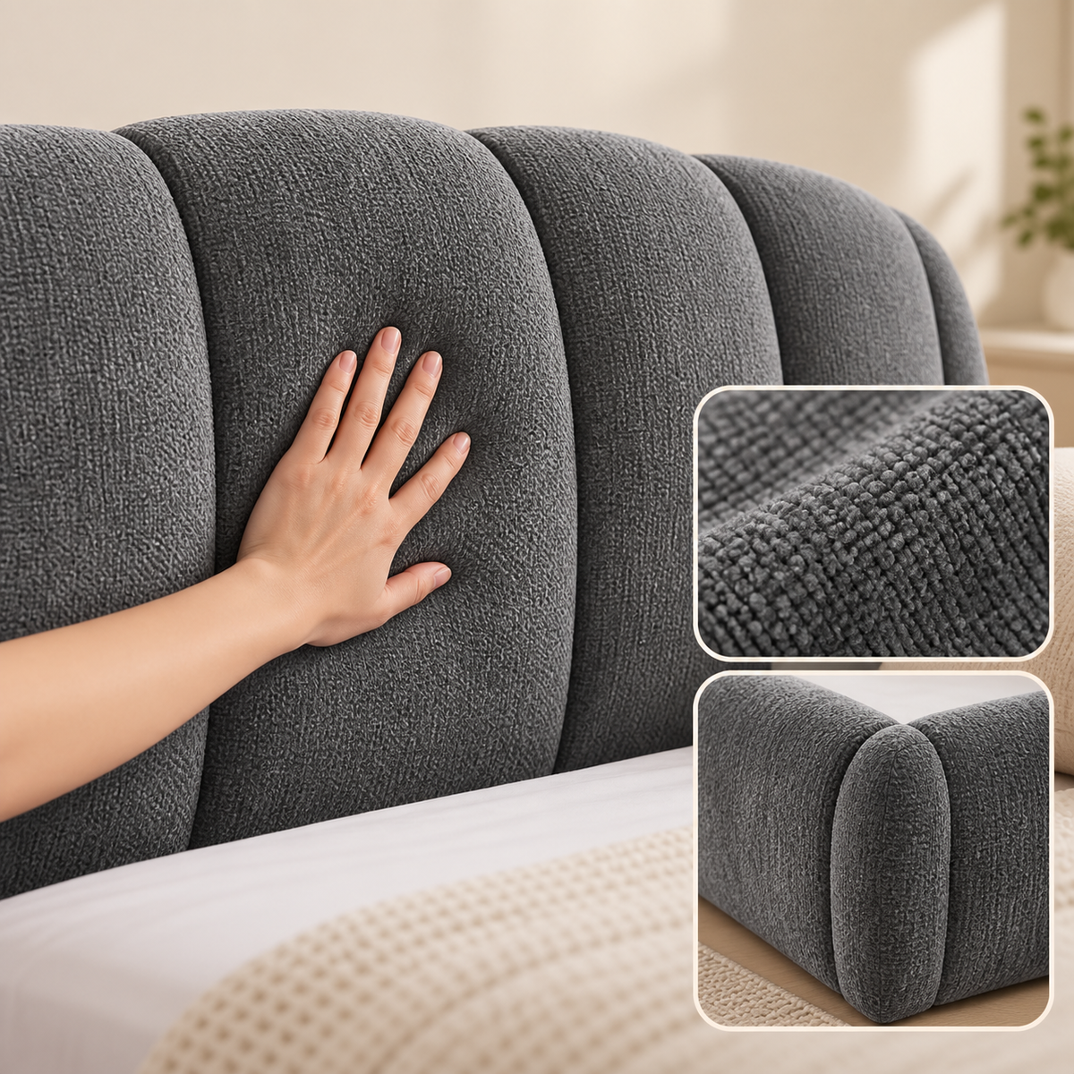 Queen Chenille Upholstered Platform Bed Frame, Curved Headboard, Dark Gray