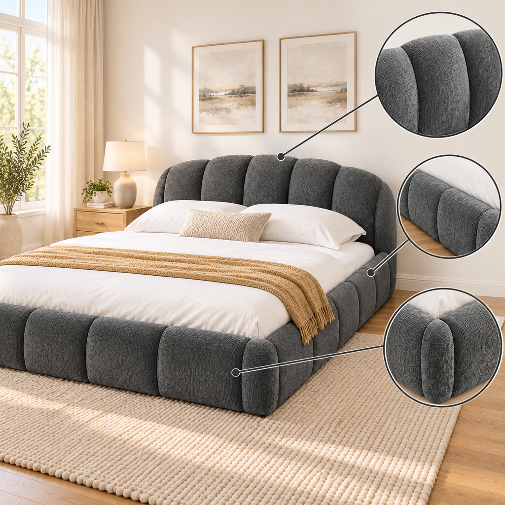 Queen Chenille Upholstered Platform Bed Frame, Curved Headboard, Dark Gray