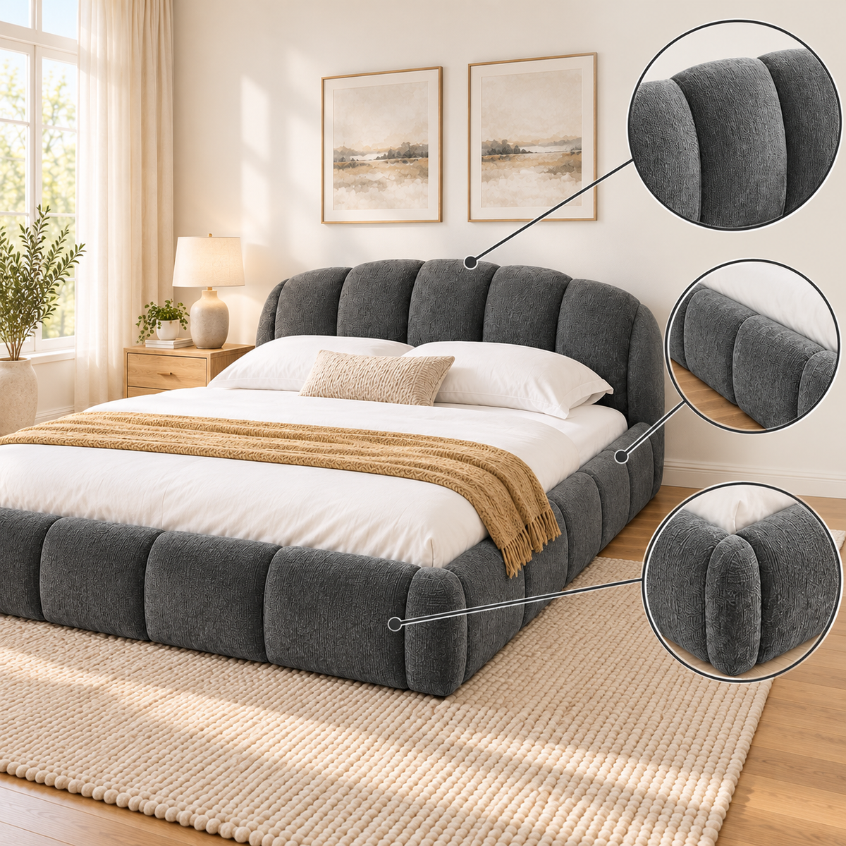 Queen Chenille Upholstered Platform Bed Frame, Curved Headboard, Dark Gray
