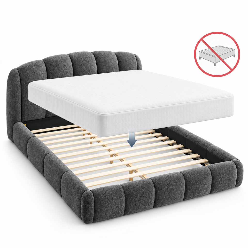 Queen Chenille Upholstered Platform Bed Frame, Curved Headboard, Dark Gray