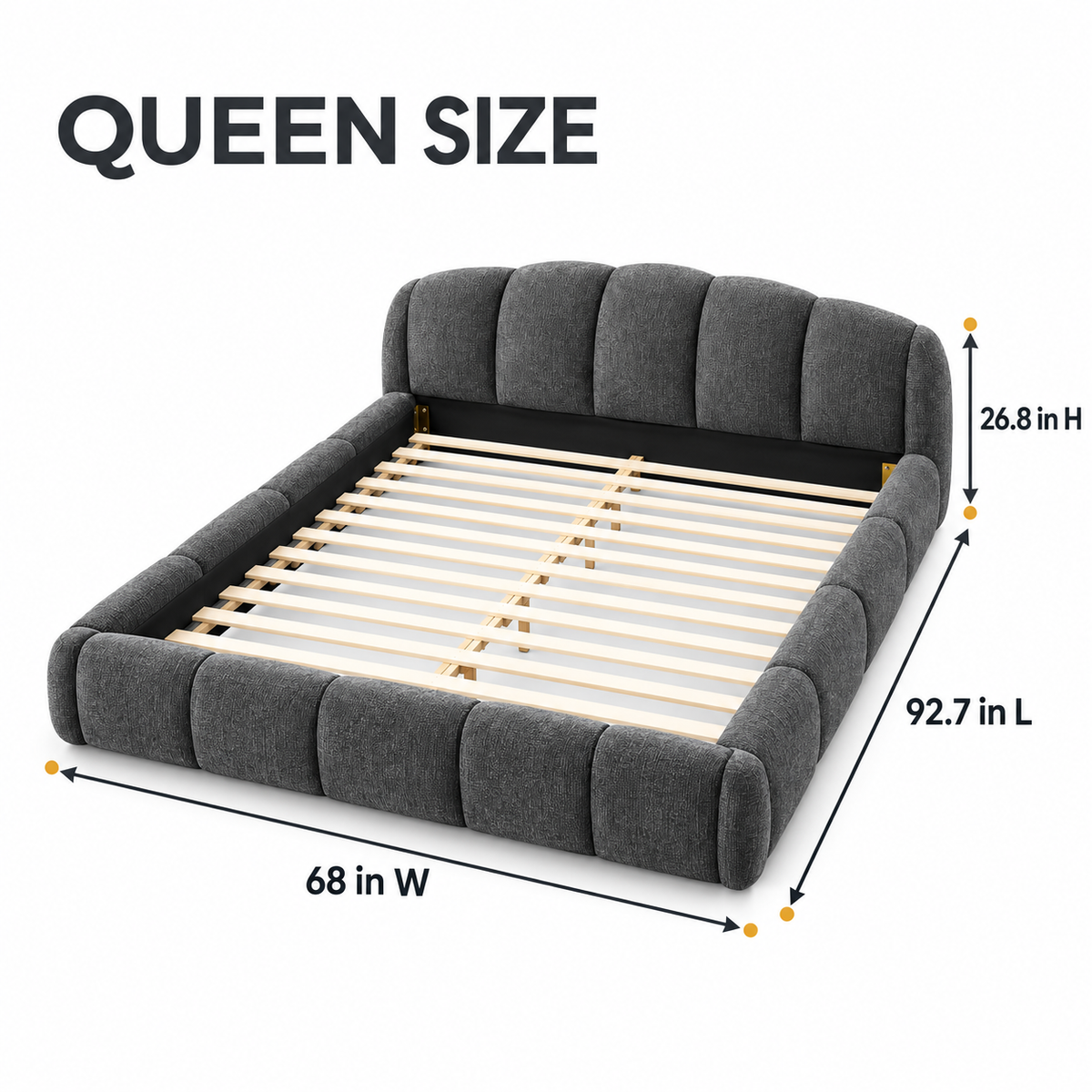 Queen Chenille Upholstered Platform Bed Frame, Curved Headboard, Dark Gray