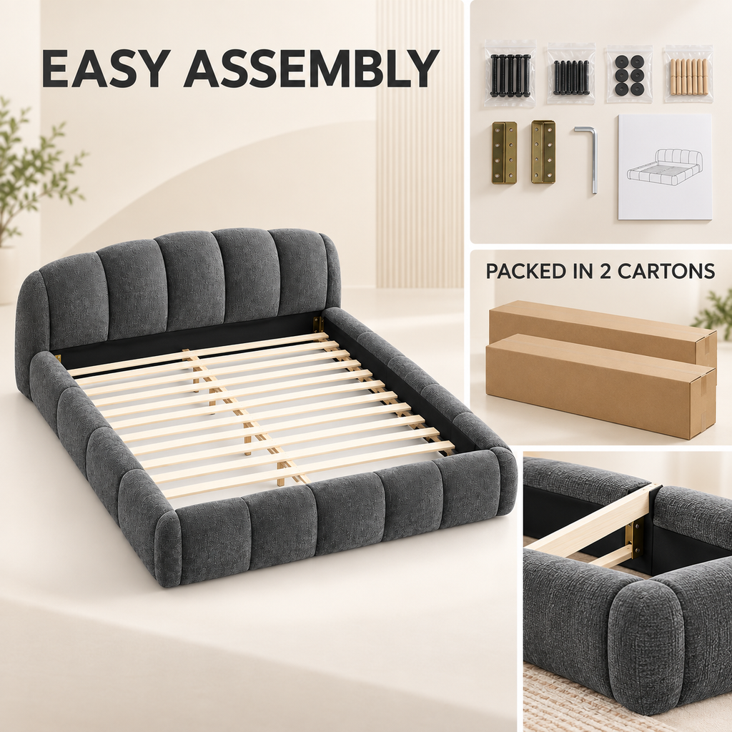 Queen Chenille Upholstered Platform Bed Frame, Curved Headboard, Dark Gray