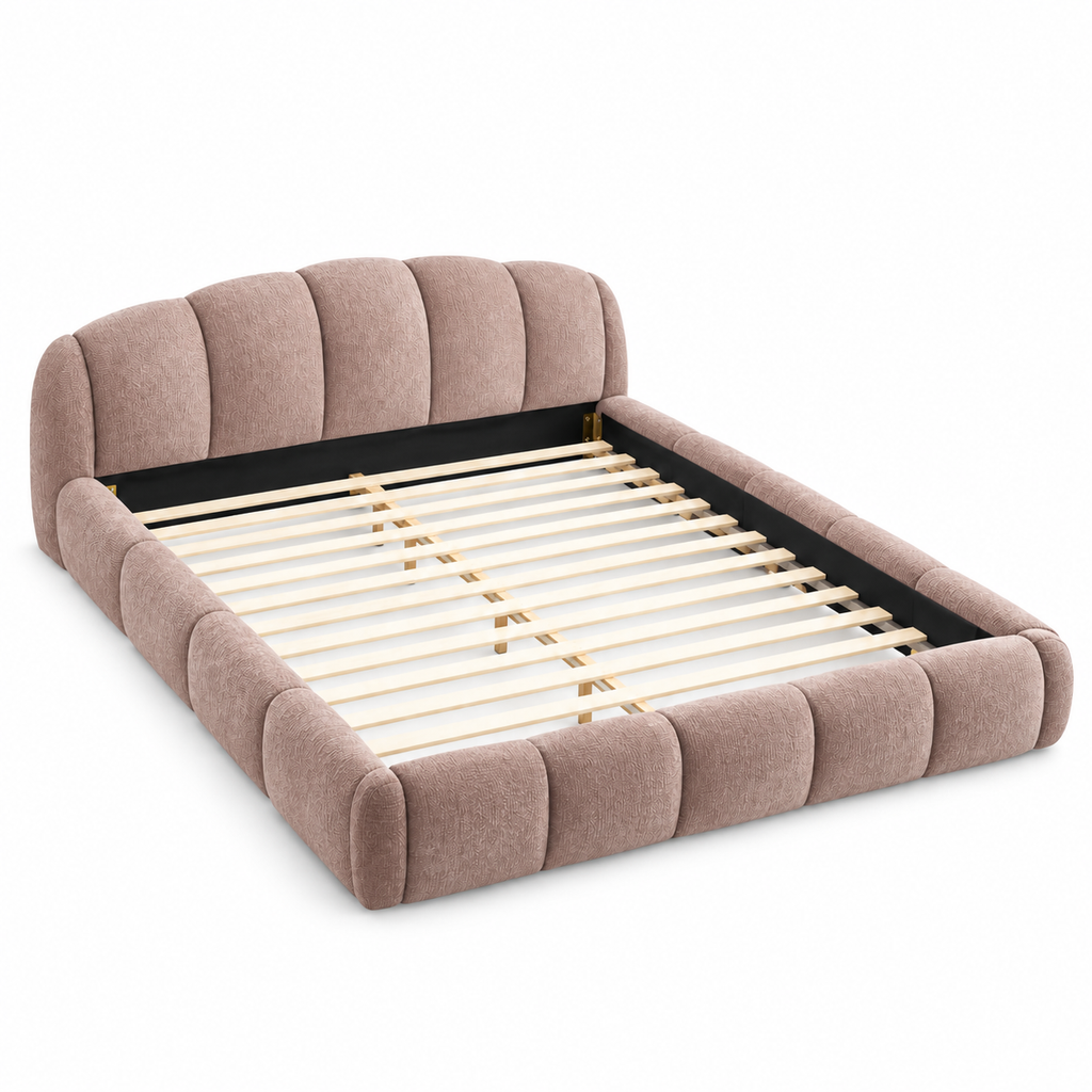 Queen Chenille Upholstered Platform Bed Frame, Curved Headboard, Pink