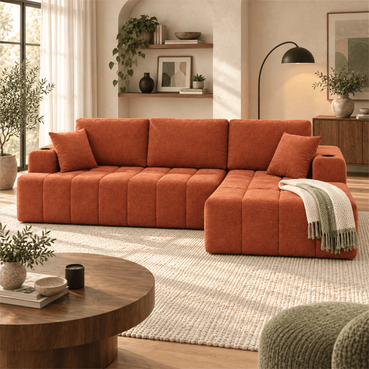 108-Inch L-Shaped Chenille Cloud Sectional Sofa with Chaise, No Assembly, Orange