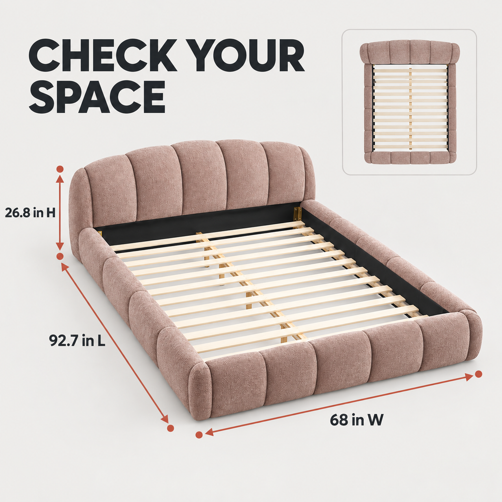 Queen Chenille Upholstered Platform Bed Frame, Curved Headboard, Pink