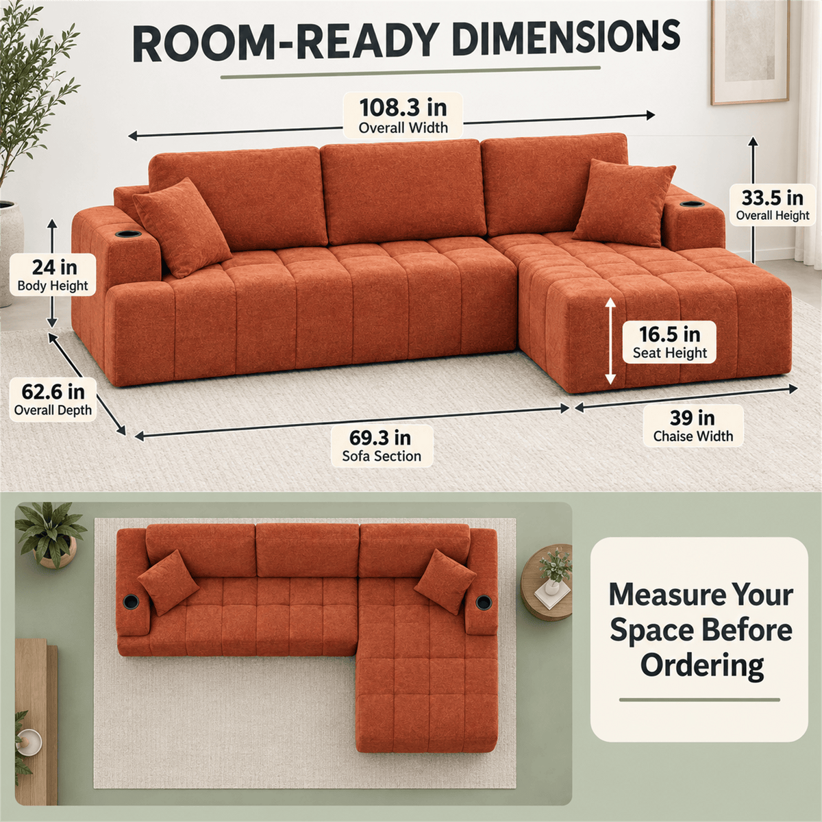 108-Inch L-Shaped Chenille Cloud Sectional Sofa with Chaise, No Assembly, Orange