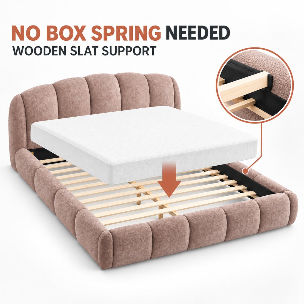 Queen Chenille Upholstered Platform Bed Frame, Curved Headboard, Pink