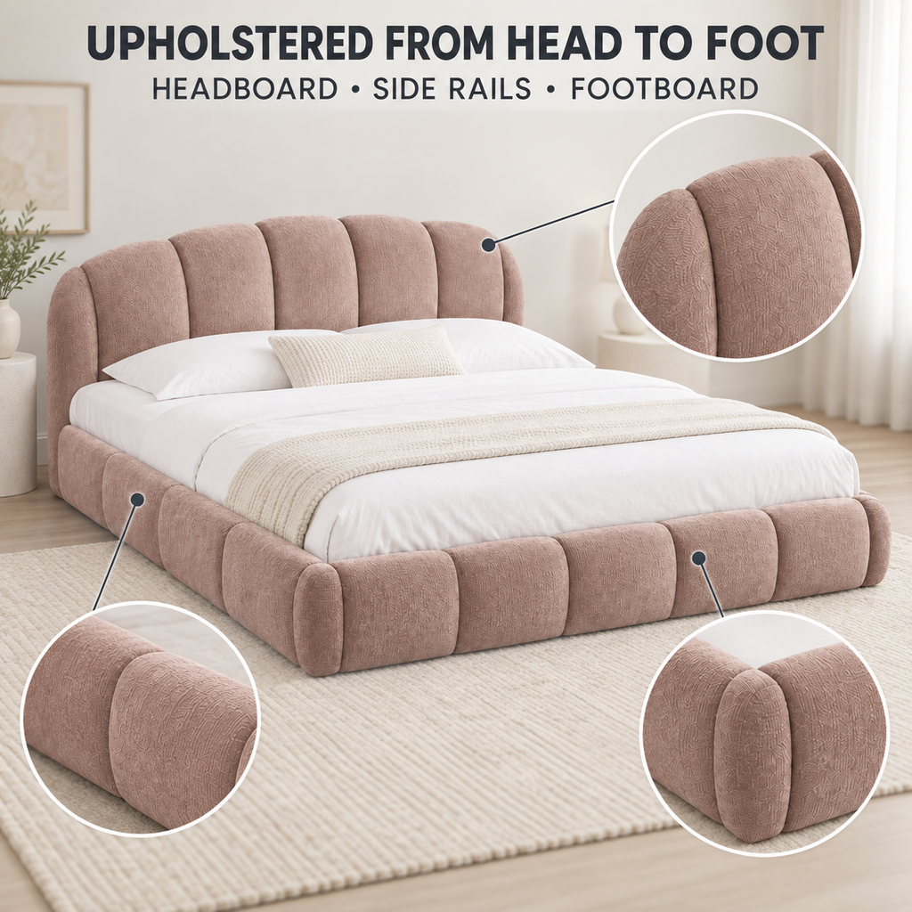 Queen Chenille Upholstered Platform Bed Frame, Curved Headboard, Pink