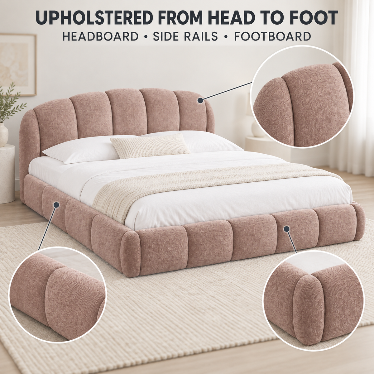 Queen Chenille Upholstered Platform Bed Frame, Curved Headboard, Pink