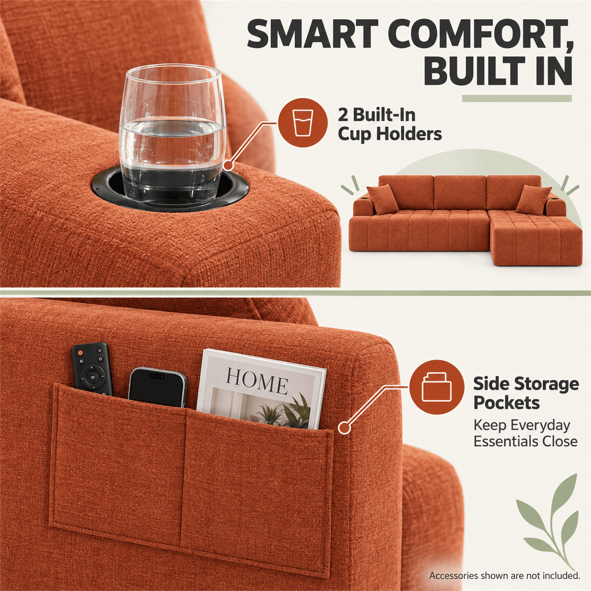 108-Inch L-Shaped Chenille Cloud Sectional Sofa with Chaise, No Assembly, Orange
