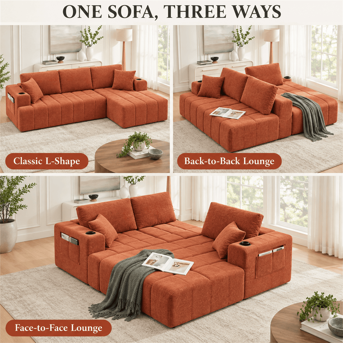 108-Inch L-Shaped Chenille Cloud Sectional Sofa with Chaise, No Assembly, Orange