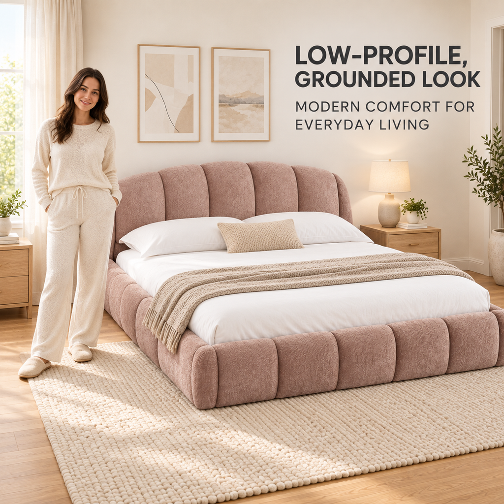 Queen Chenille Upholstered Platform Bed Frame, Curved Headboard, Pink