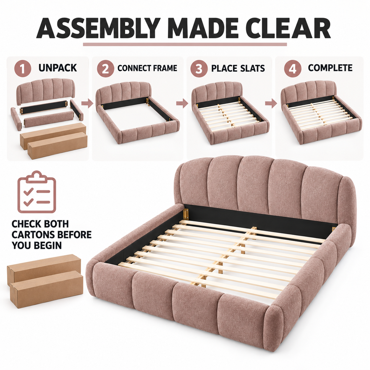 Queen Chenille Upholstered Platform Bed Frame, Curved Headboard, Pink