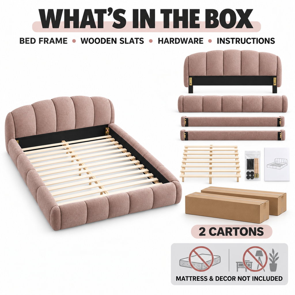Queen Chenille Upholstered Platform Bed Frame, Curved Headboard, Pink