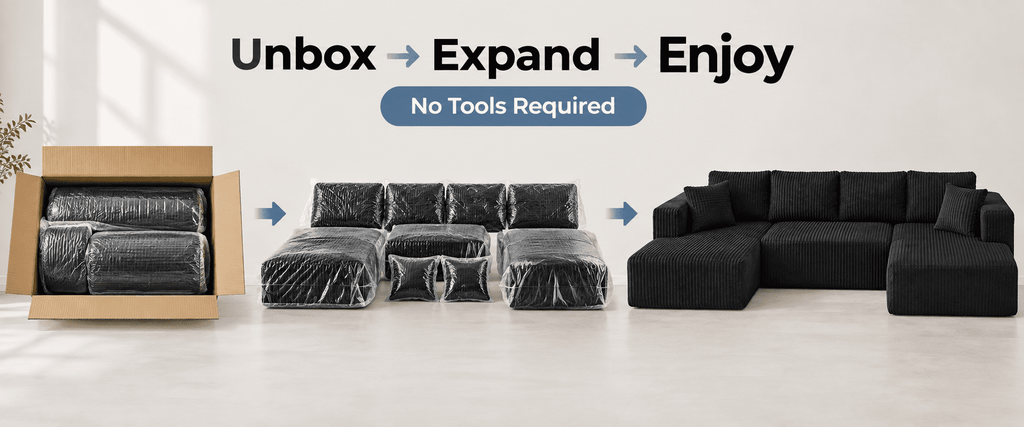 132.5" U Shaped Boneless Modular Sectional Sofa, Oversized Corduroy Couch with Double Chaise, Deep Seats & Side Pockets, No Assembly Compression Sofa for Living Room, Black