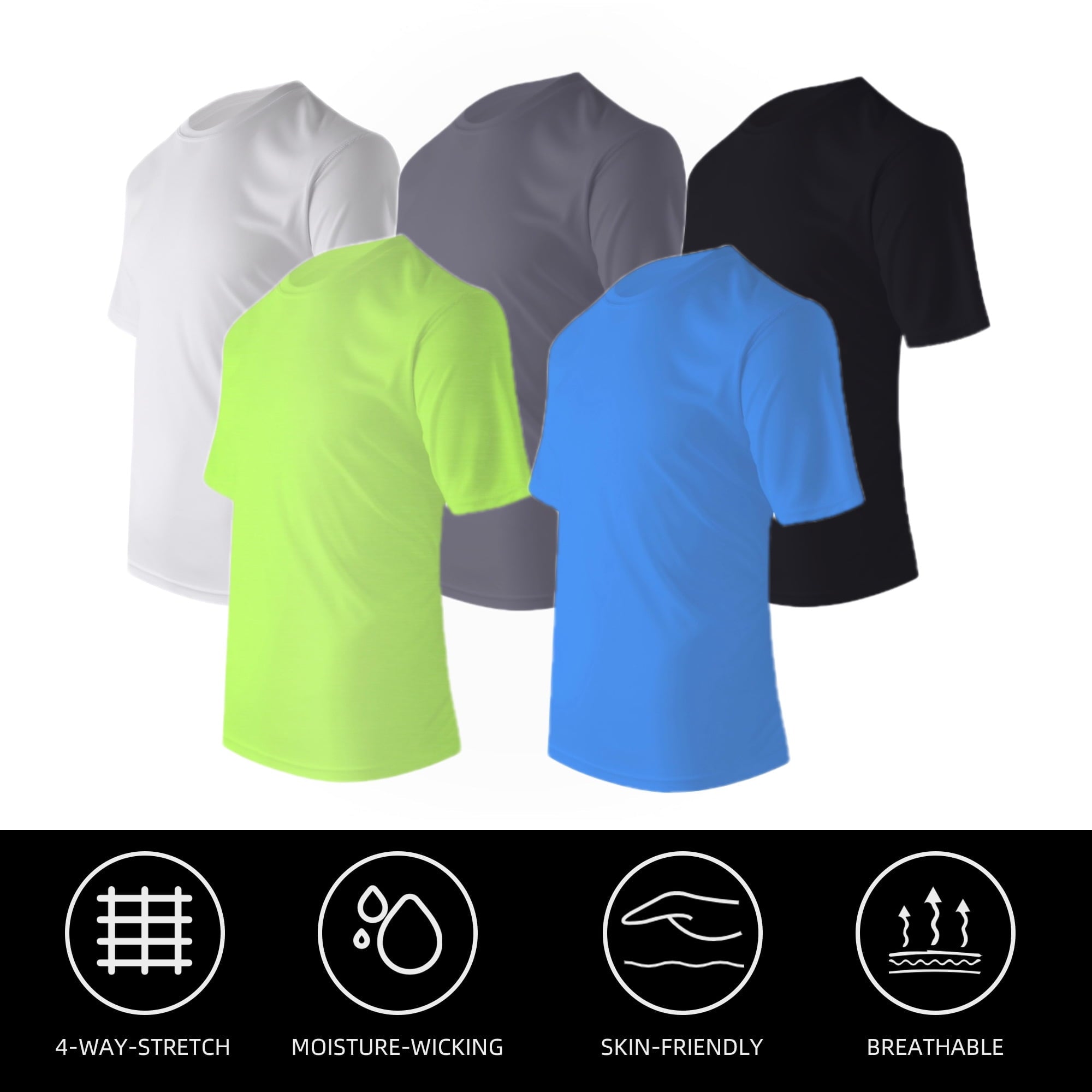 ZBORIBER Men's Quick-Dry Crew Neck T-Shirts 5-Pack, Moisture Wicking, Sizes S-3XL