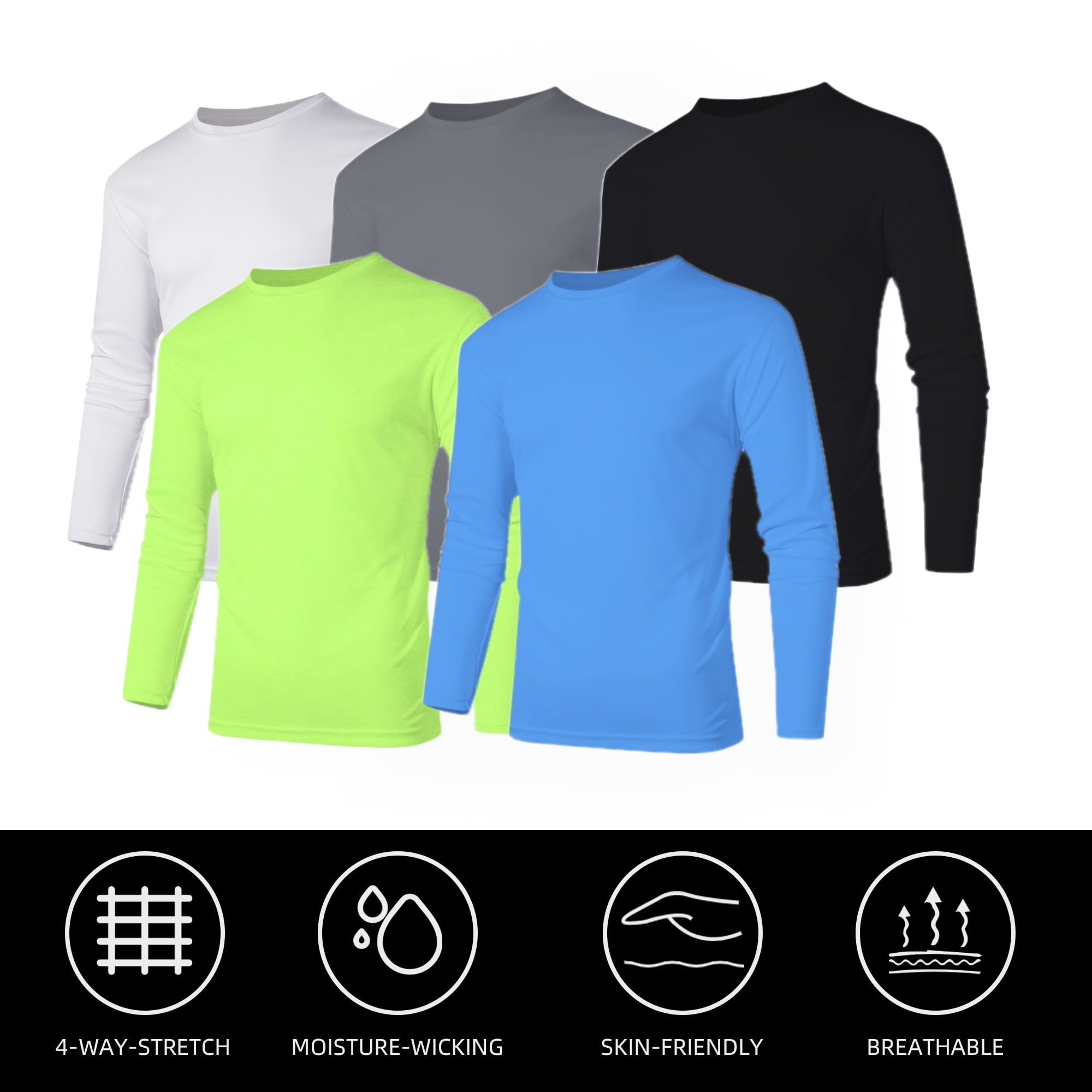 ZBORIBER Men's Quick-Dry Active Long Sleeve Shirts - Moisture Wicking, 5-Pack, Sizes S-3XL