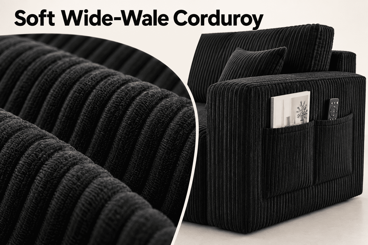 132.5" U Shaped Boneless Modular Sectional Sofa, Oversized Corduroy Couch with Double Chaise, Deep Seats & Side Pockets, No Assembly Compression Sofa for Living Room, Black