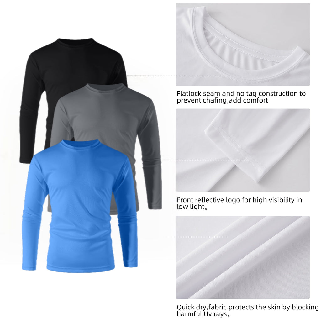 ZBORIBER Men's Quick-Dry Long Sleeve Shirts 3-Pack, Moisture Wicking, UPF 50+, Sizes S-3XL