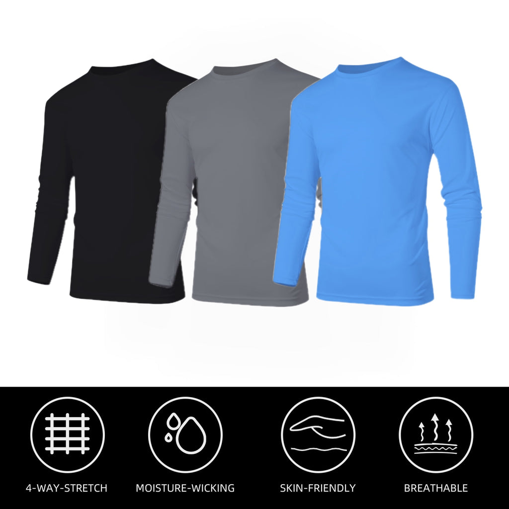 ZBORIBER Men's Quick-Dry Long Sleeve Shirts 3-Pack, Moisture Wicking, UPF 50+, Sizes S-3XL