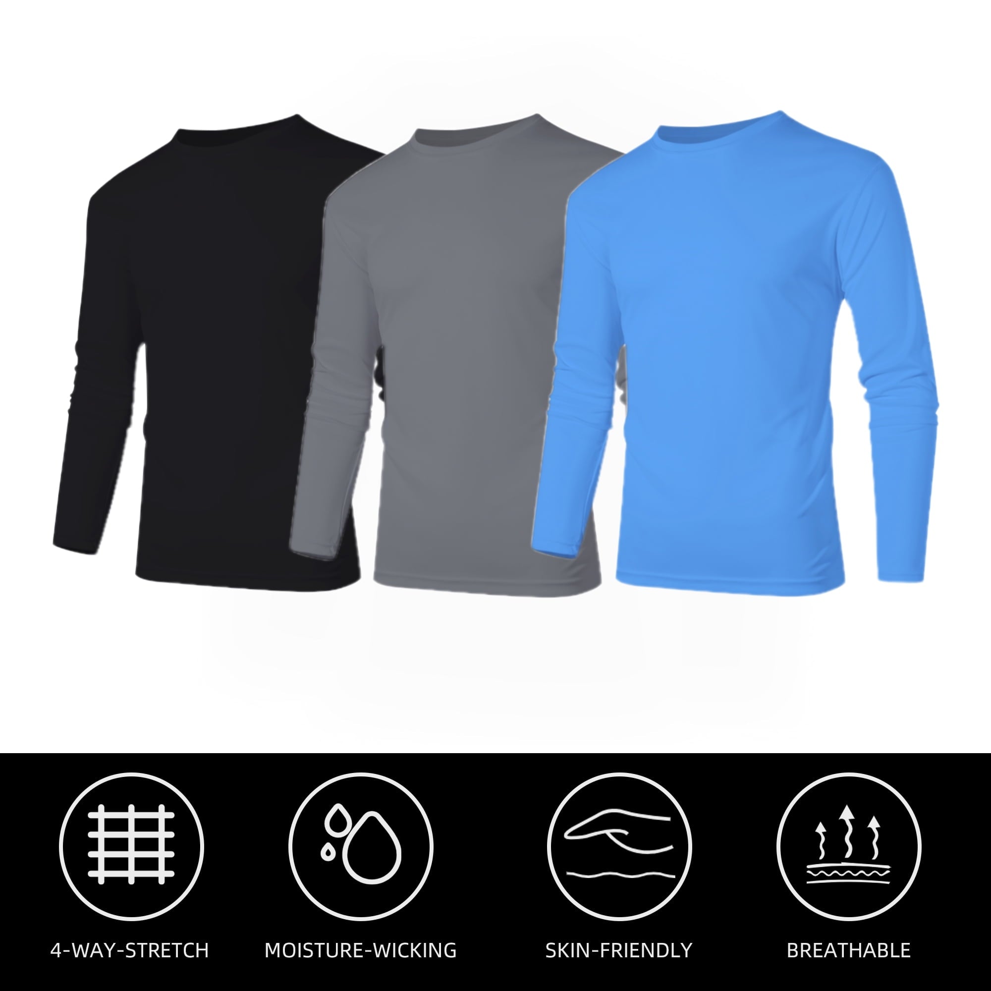 ZBORIBER Men's Quick-Dry Long Sleeve Shirts 3-Pack, Moisture Wicking, UPF 50+, Sizes S-3XL